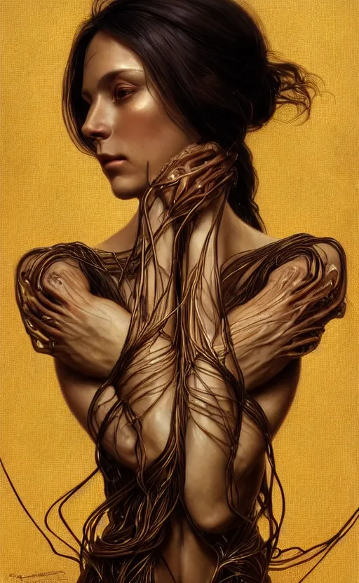 Image similar to portrait of a dark goddess, gold wires, visible veins and nerves and muscles and bones and arteries, intricate, headshot, highly detailed, digital painting, artstation, concept art, sharp focus, cinematic lighting, illustration, art by artgerm and greg rutkowski, alphonse mucha, cgsociety