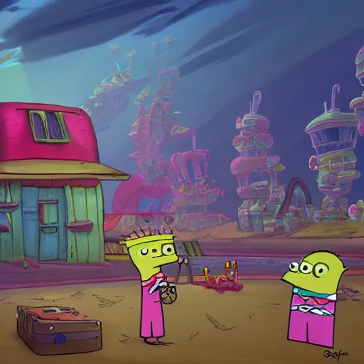 Image similar to bikini bottom drawn by stephen hillenburg, dynamic lighting, fantasy concept art, trending on art station, stunning visuals, creative, cinematic, ultra detailed