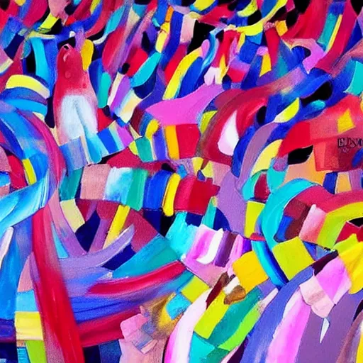 Image similar to painting people dancing wrapped up in ribbons of color