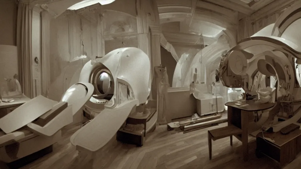 Image similar to an mri section of james cavell in the living room, film still from the movie directed by denis villeneuve with art direction by salvador dali, wide lens