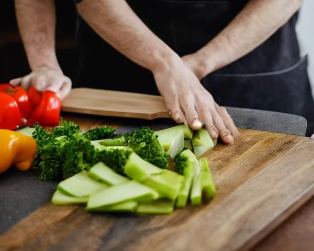 Image similar to ( 9 0 degrees fov, first person point of view )!!!!! of me!!!!! chopping vegetables on a chopping board