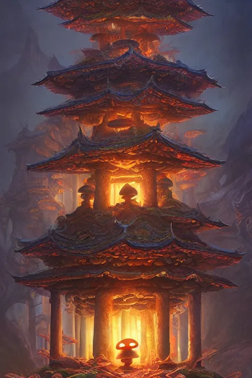 Image similar to mushroom temple, highly detailed, d & d, fantasy, highly detailed, digital painting, trending on artstation, concept art, sharp focus, illustration, global illumination, ray tracing, realistic shaded, art by artgerm and greg rutkowski and fuji choko and viktoria gavrilenko and hoang lap, sunny