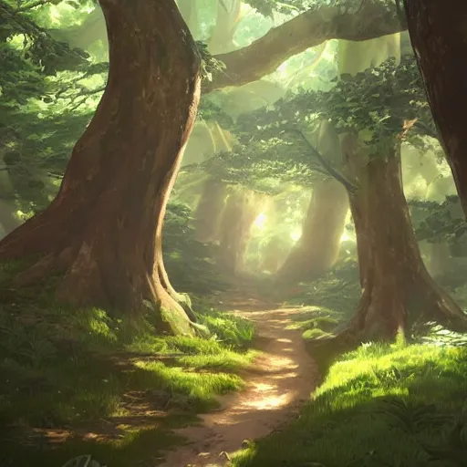 Image similar to forest path, beautiful ancient trees, hiding large treasure chest, serene evening atmosphere, soft lens, soft light, cel - shading, animation, in the style of cgsociety, deviantart, artstation, zbrush, cinema 4 d, studio ghibli, akihiko yoshida, atelier lulua, masamune shirow