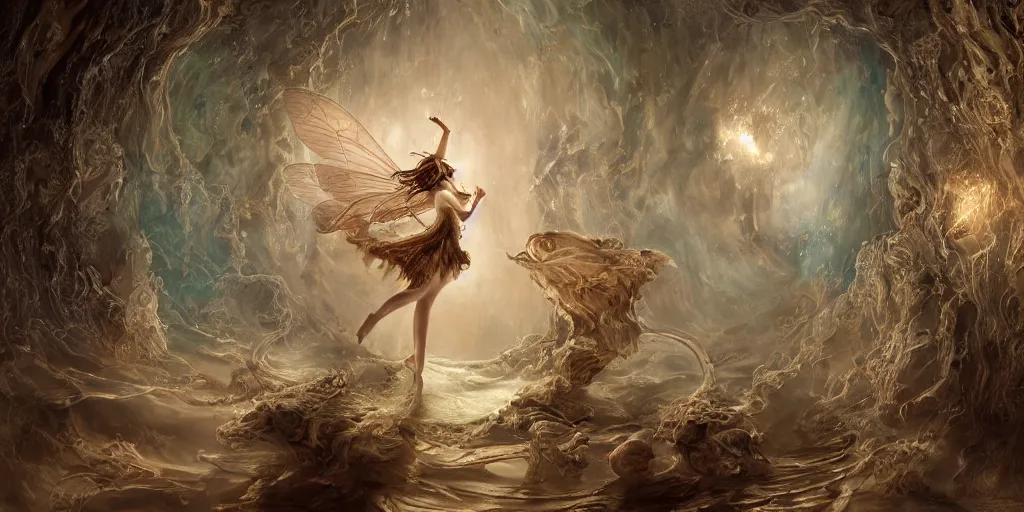 Prompt: concept art of translucent glowing curvy buxom brown fairy dancing, renaissance, flowy, melting, round moons, rich clouds, very detailed, volumetric light, mist, fine art, decaying, textured oil over canvas, epic fantasy art, very colorful, ornate intricate scales, walls and floor of cave made of skulls, fractal gems, 8 k, high contrast