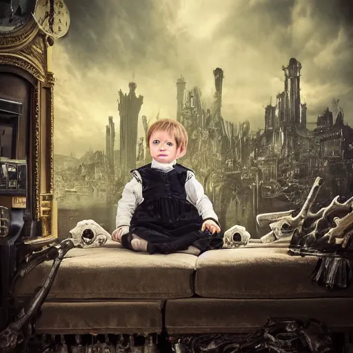 Image similar to a photo of young sad victorian gothic child with big eyes and wide grin sitting on a sofa of bones surrounded by a cyber futuristic cityscape made of human body parts, ultra detailed, 8 k resolution, beautiful lighting, expansive detailed layered city, landscape, 5 0 mm, perfect faces