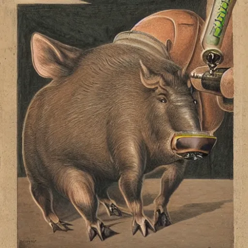 Prompt: an anthropomorphic boar drinking beer