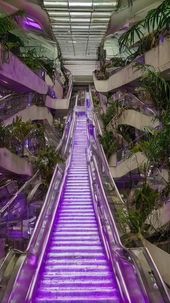 Prompt: 1980s magazine photo of an escalator inside an abandoned mall, with potted palm trees, decaying dappled sunlight, cool pinkish purple lighting, color