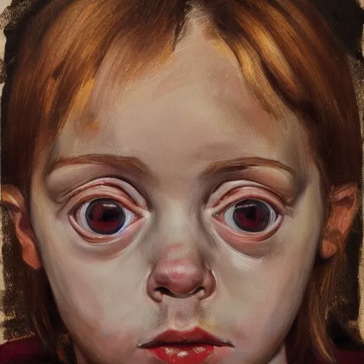 Image similar to high quality high detail painting by lucian freud, hd, young pale girl staring intensely, big eyes, alizarin crimson and black, photorealistic lighting