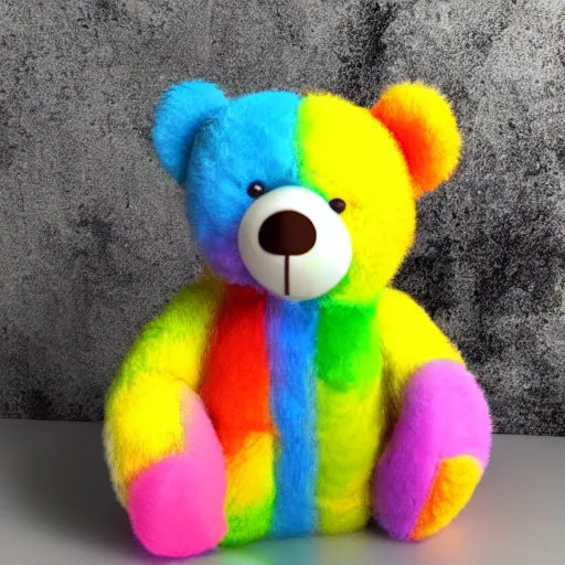 Image similar to teddy bear vomiting rainbow, photorealistic