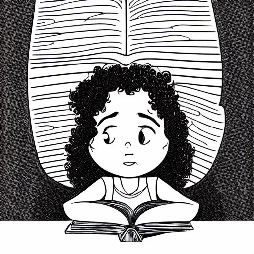 Image similar to clean simple line art of a little girl with wavy curly hair reading a book. white background. well composed, clean black and white line drawing, beautiful detailed face. illustration by josan gonzalez and steve ditko and greg rutkowski