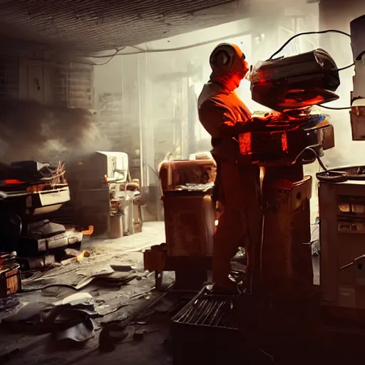 Image similar to cyborg with toaster oven chest, dark messy smoke - filled cluttered workshop, dark, dramatic lighting, orange tint, sparks, cinematic, highly detailed, sci - fi, futuristic, movie still