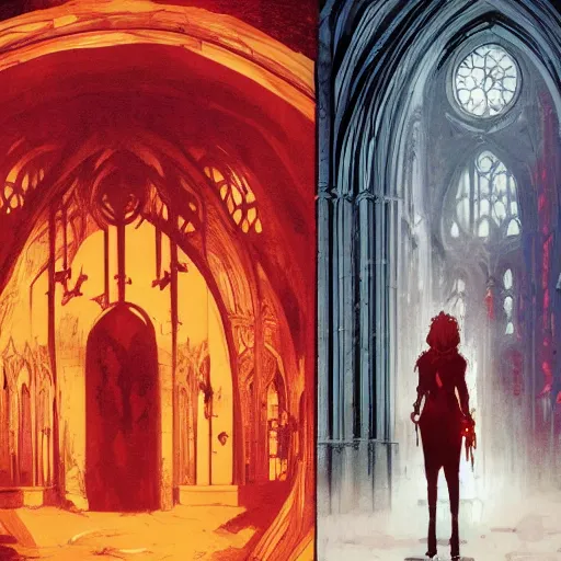 Image similar to doorway to hell in grand gothic cathedral, inner conflict, scarlet hue, tom lovell, painting, influences from mobius, ashley wood. otomo, akira, greg tocchini, mike mignola