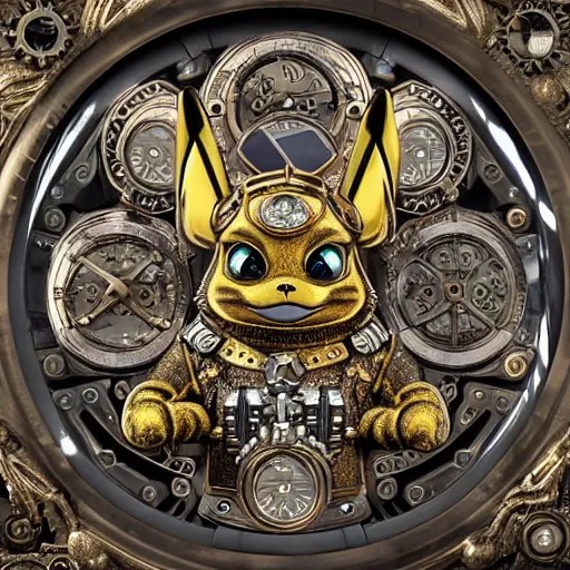 Image similar to A steampunk Pikachu made from ornate engraved full plate armor and watch gears and several jewels, macro shot by Justin Gerard, unreal engine, detailed, intricate, physically based rendering