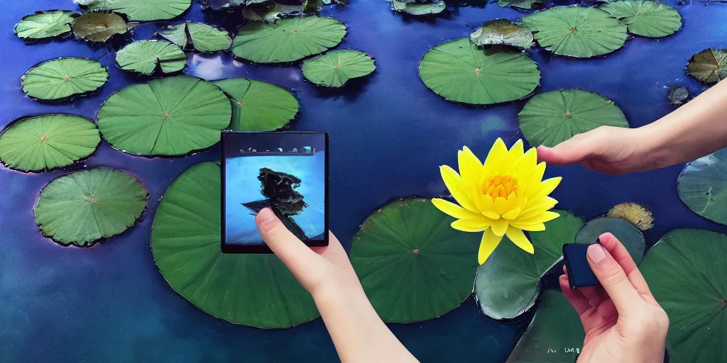 Prompt: hand holding water lily, studio shot, night dramatic lighting, blue, yellow and purple tones, wide camera angle, matte painting, trending on ArtStation, concept art, delightful surroundings, high detail, sharp contrast, ray tracing, picturesque artwork by Mike Winkelmann, artwork by Ridley Scott, 4K, 8K, super graphically realistic detailed, high definition, HDR