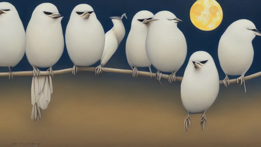 Prompt: a row of obese bearded reedlings, oil painting, midnight, moonlight, full moon, highly detailed, hyper realistic