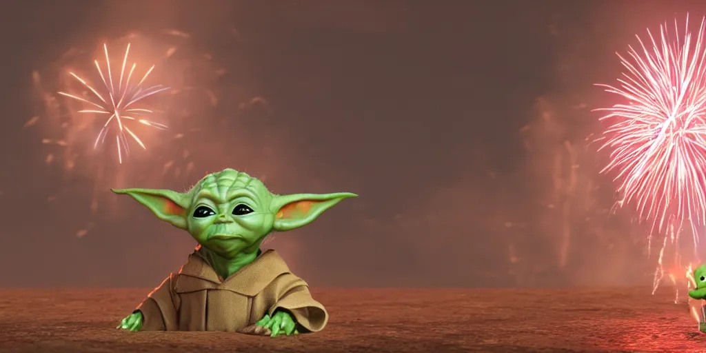 Prompt: fireworks form shapes the resemble baby yoda. 8 k, 4 k, hq, 3 d render, digital art, dramatic lighting, comedy, science fiction, hyper realistic, ultra detailed. style of arrival, fifth element.