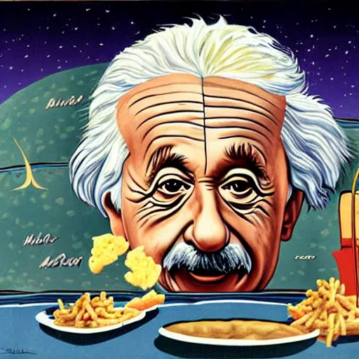 Image similar to Albert Einstein in a Bikini eating a Big Mac on the moon, high details, dali, comic, illustration