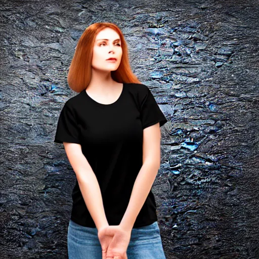 Image similar to clear photorealistic mockup product photograph of a blank black tshirt on an attractive female model in front of an indoor background - h 7 0 4