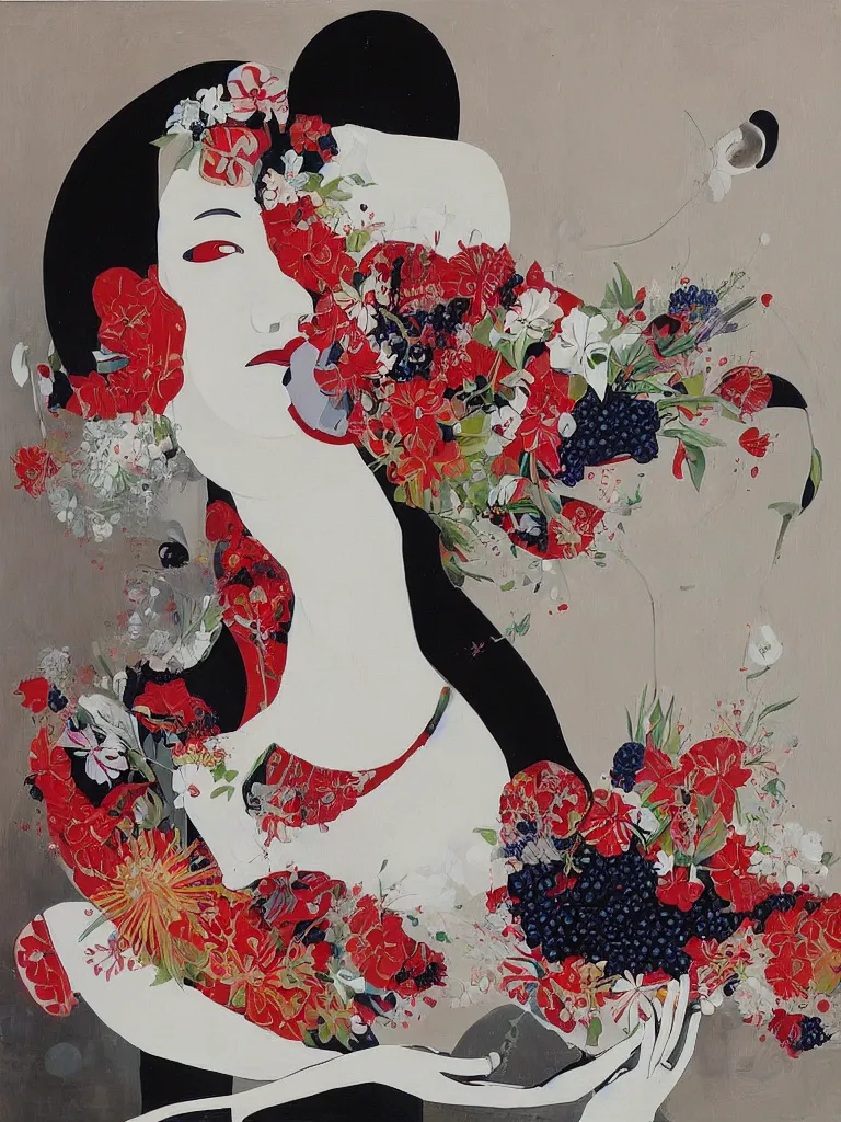 Image similar to “art in an Australian artist’s apartment, portrait of a woman wearing white cotton cloth, eating luscious fresh raspberries and strawberries and blueberries, Australian Aboriginal and Japanese stylistic influences, white wax, edible flowers, Japanese pottery, ikebana, black walls, acrylic and spray paint and oilstick on canvas”