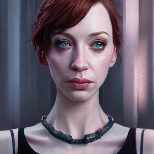 Image similar to highly detailed upper body portrait christina hendricks robot in gta v, stephen bliss, unreal engine, fantasy art by greg rutkowski, loish, rhads, ferdinand knab, makoto shinkai and lois van baarle, ilya kuvshinov, rossdraws, tom bagshaw, global illumination, radiant light, detailed and intricate environment