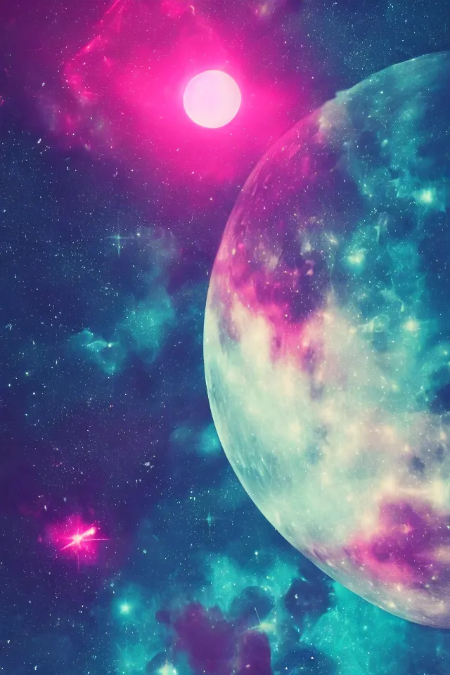 Prompt: the neon vaporwave moon on a space background, stars and nebula, phone wallpaper, highly detailed, 4 k