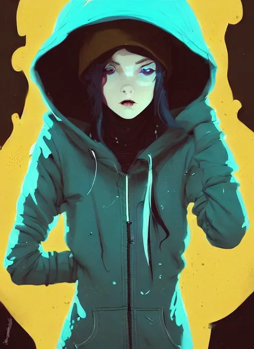 Image similar to highly detailed portrait of a sewerpunk pretty young adult lady, blue eyes, hoody, hat, by atey ghailan, by greg rutkowski, by greg, tocchini, by james gilleard, by joe fenton, by kaethe butcher, gradient yellow, black, brown and cyan color scheme, grunge aesthetic!!! ( ( graffiti tag street background ) )