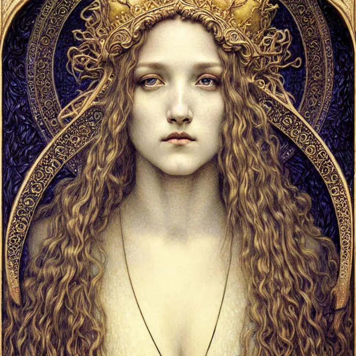 Image similar to detailed realistic beautiful young medieval queen face portrait by jean delville, gustave dore and marco mazzoni, art nouveau, symbolist, visionary, gothic, pre - raphaelite. horizontal symmetry