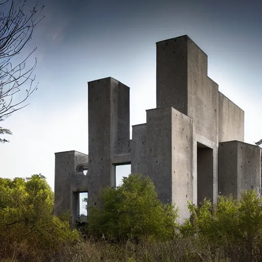 Image similar to scifi castle with a hybrid of brutalist and organic architecture, photography