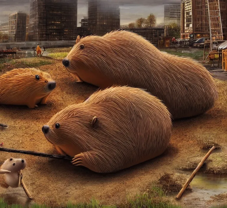 Image similar to photography hyperrealism concept art of anthropomorphic beavers builders that building city with sticks