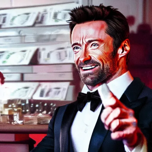 Image similar to action shot of hugh jackman at the club partying and taking selfies with a pile of cash in the background in GTA V or GTA VI, 8K, highly detailed, photo realistic