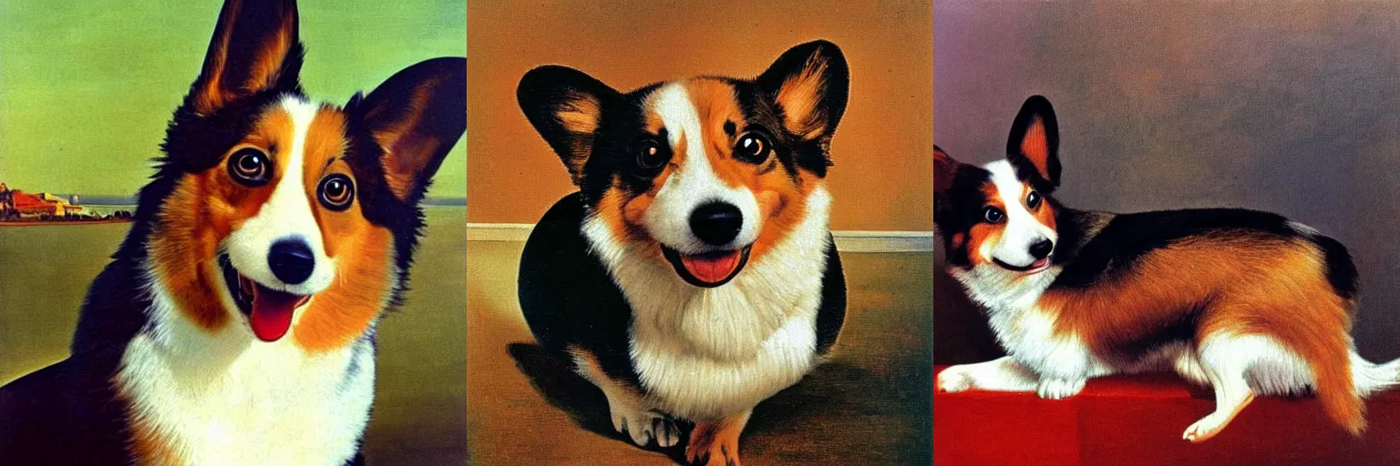 Prompt: corgi looking at the camera with a pretty smile, salvador dali, painting