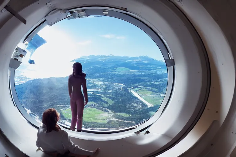 Image similar to sci-fi scene of space tourists in glamourous spaceship bedroom looking out large circular window at earth orbit By Emmanuel Lubezki