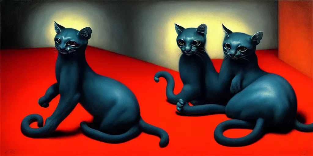 Image similar to ocelots in love, in the style of leonora carrington, gottfried helnwein, intricate composition, blue light by caravaggio, insanely quality, highly detailed, masterpiece, red light, artstation