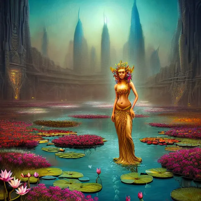 Image similar to Beautiful 3d render of the flower queen goddess near a pond full of lotus, atmospheric lighting, painted, intricate, volumetric lighting, beautiful, rich deep colours masterpiece, sharp focus, ultra detailed, in the art style of Dan Mumford and marc simonetti, with a clear crowded futuristic cyberpunk dubai city in the background, astrophotography