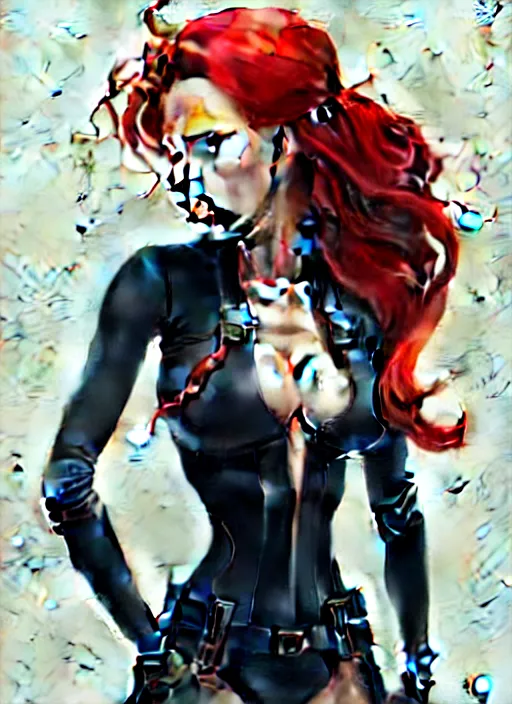 Image similar to peter mohrbacher, phil noto, artgerm, pretty scarlett johansson black widow, symmetrical eyes, long red hair, full body, city rooftop