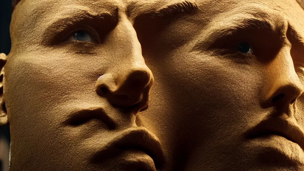 Prompt: the giant head at the office that, made of oil and water, film still from the movie directed by Denis Villeneuve with art direction by Salvador Dalí, golden hour