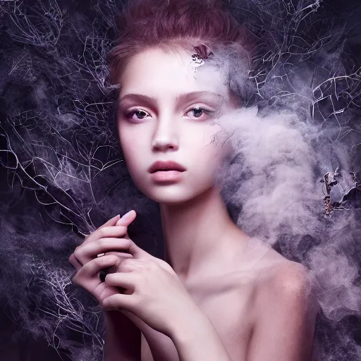 Prompt: inside a soul of a gorgeous young girl , searching for eternity, smoke out of her eyes, dark glowing forest in the style of stefan kostic, realistic, sharp focus, 8k high definition, high fashion, vogue, insanely detailed, soft light, colorful smoke, intricate, elegant, art by stanley lau and artgerm, sigma 85mm art