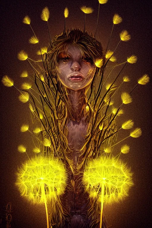 Image similar to glowing dandelion humanoid figure monster, symmetrical, highly detailed, digital art, sharp focus, trending on art station, amber eyes, autumnal colours