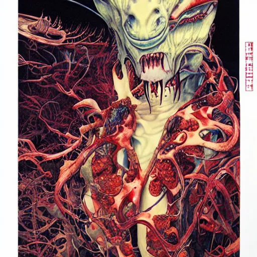 Prompt: hyper realistic portrait of, ‘ the carnivorous alien ’. an award winning yoshitaka amano digital art poster, by james gurney and gerhard richter. art by takato yamamoto. masterpiece, rich colours.