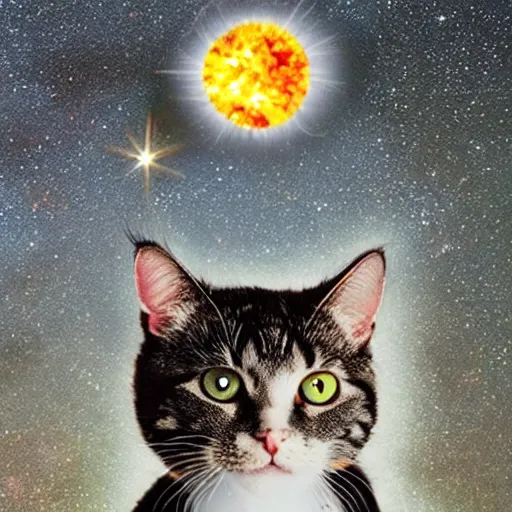 Image similar to the solar system exploded and a cat was blown away