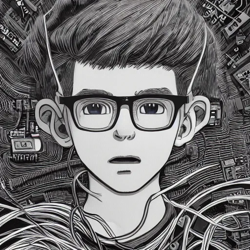 Prompt: illustration of a boy connected to his laptop with hundreds of wires, highly detailed, by ghibli, butcher billy, mcbess, rutkowski, james jean, 8 k, photorealistic