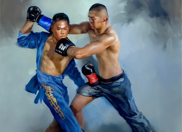 Prompt: greg manchess painting of a filipino mma fighter in a swordfight with a blond man in a blue suit, organic painting, sunny day, matte painting, bold shapes, hard edges, street art, trending on artstation, by huang guangjian, gil elvgren, ruan jia, randy vargas, greg rutkowski