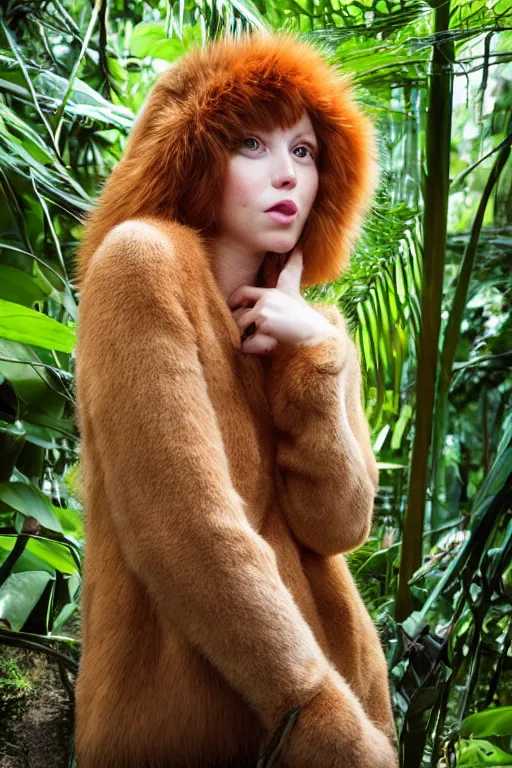 Image similar to a professional portrait photo of a dressed catgirl in the tropical jungles, ginger hair and fur, extremely high fidelity, natural lighting, national geographic magazine cover.