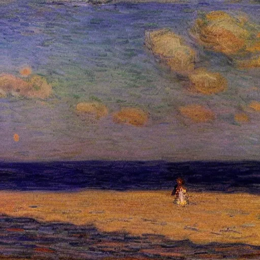 Prompt: Nostalgic beach which is bright up close and dark far away, with two people floating on the sand, by claude monet