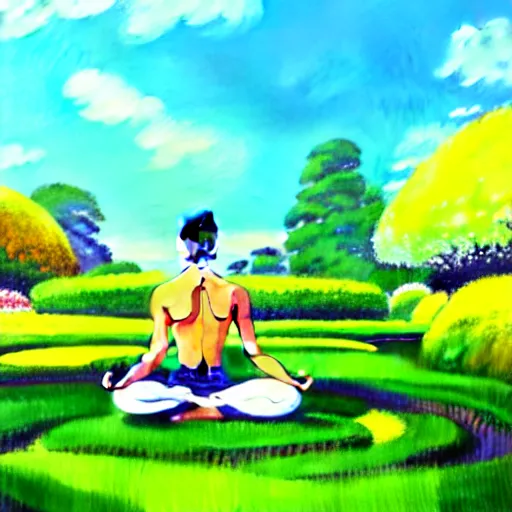 Prompt: a painting of a man meditating in the middle of a garden, dreamy, shrubery, flowers, golden hour, dreamy, 8 k concept art, enhanced hands, hyperrealistic, by studio ghibli, disney - style