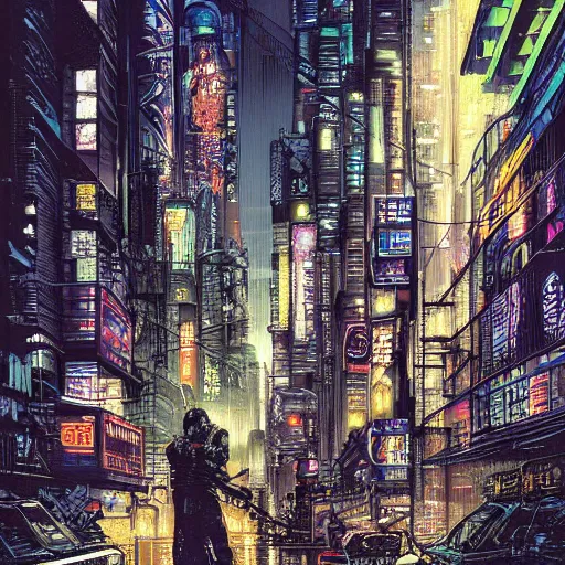 Prompt: hyper detailed illustration of a cyberpunk city at nighttime with rain, by Kev Walker, simon bisley and paolo parente