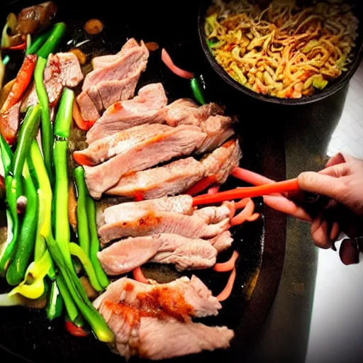 Prompt: anonymous with face on stirfry pork, cinematic dramatic composition