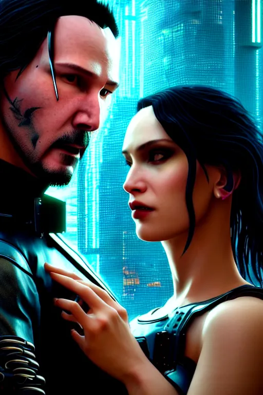 Image similar to cyberpunk 2077 couple portrait of Keanu Reeves and V in love story, fantasy, captivating dynamic facial expression, intricate, elegant, dramatic lighting, emotionally evoking symbolic metaphor, highly detailed, lifelike, photorealistic, digital painting, artstation, concept art, smooth, sharp focus, illustration, art by John Collier and Albert Aublet and Krenz Cushart and Artem Demura and Alphonse Mucha