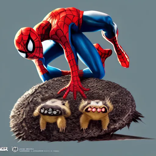 Image similar to spider - man sit on top of big raccoon and eating donuts, action scene, concept art, trending on artstation, highly detailed, intricate, sharp focus, digital art, 8 k