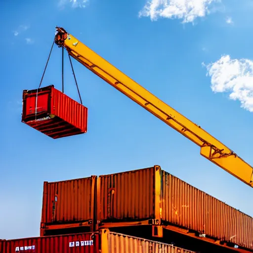 Image similar to digital photography of a crane lifting a container, shot from the ground looking up, close shot, clear sky